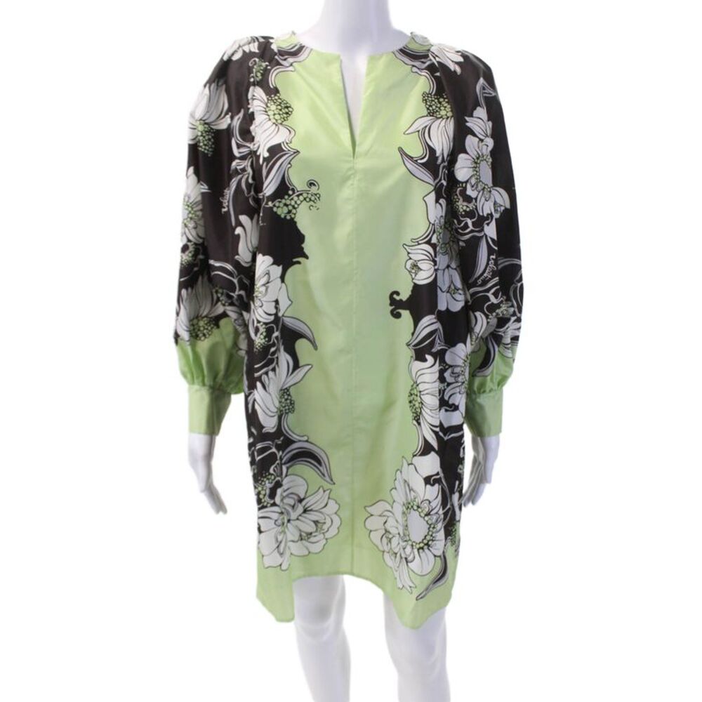 Valentino Womens Floral Print Puffy Sleeves Dress Mint Green Brown Size Small